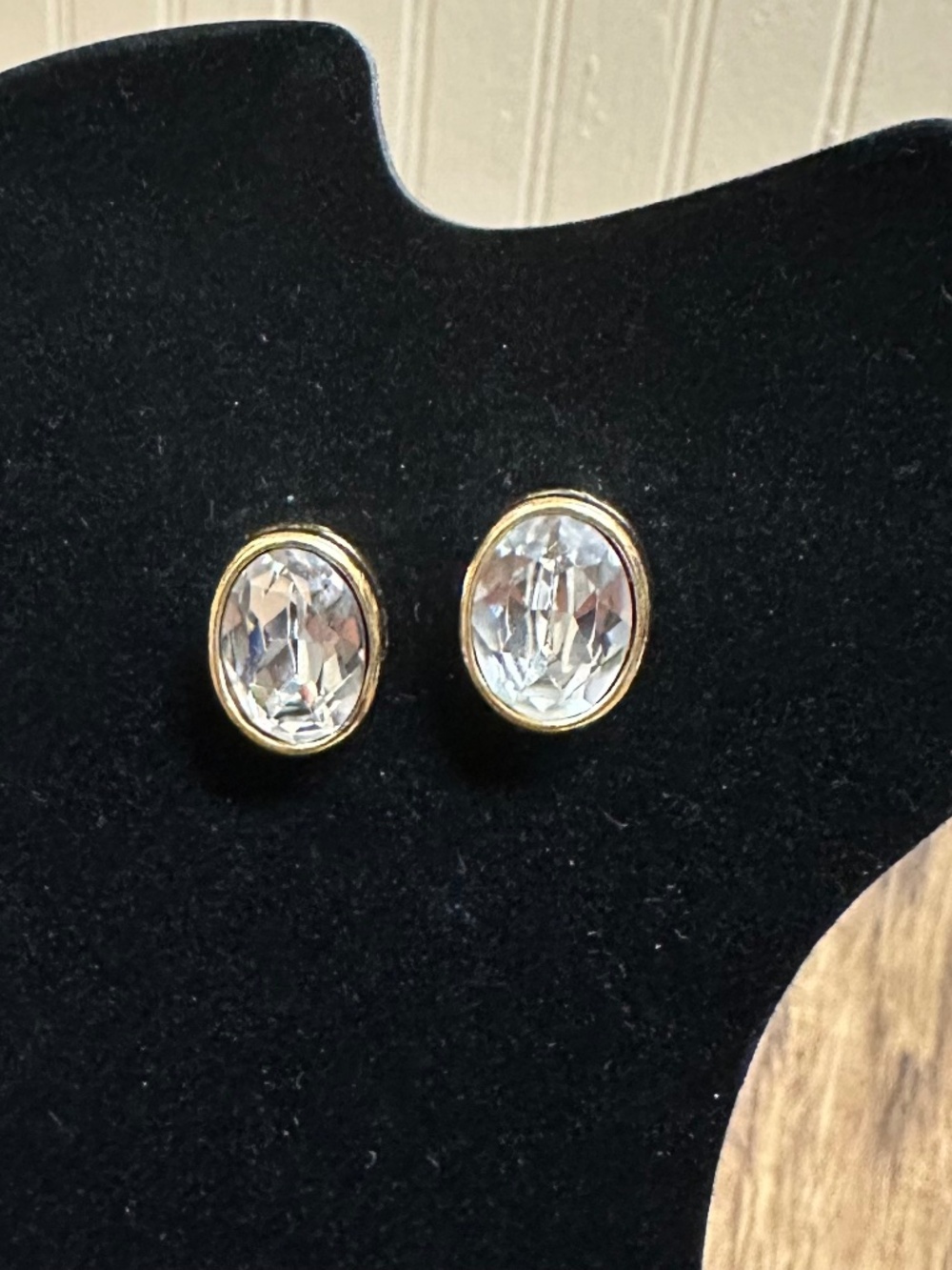 Gold-tone Oval-shaped Earrings Featuring Clear Faceted Crystal in Bezel Setting